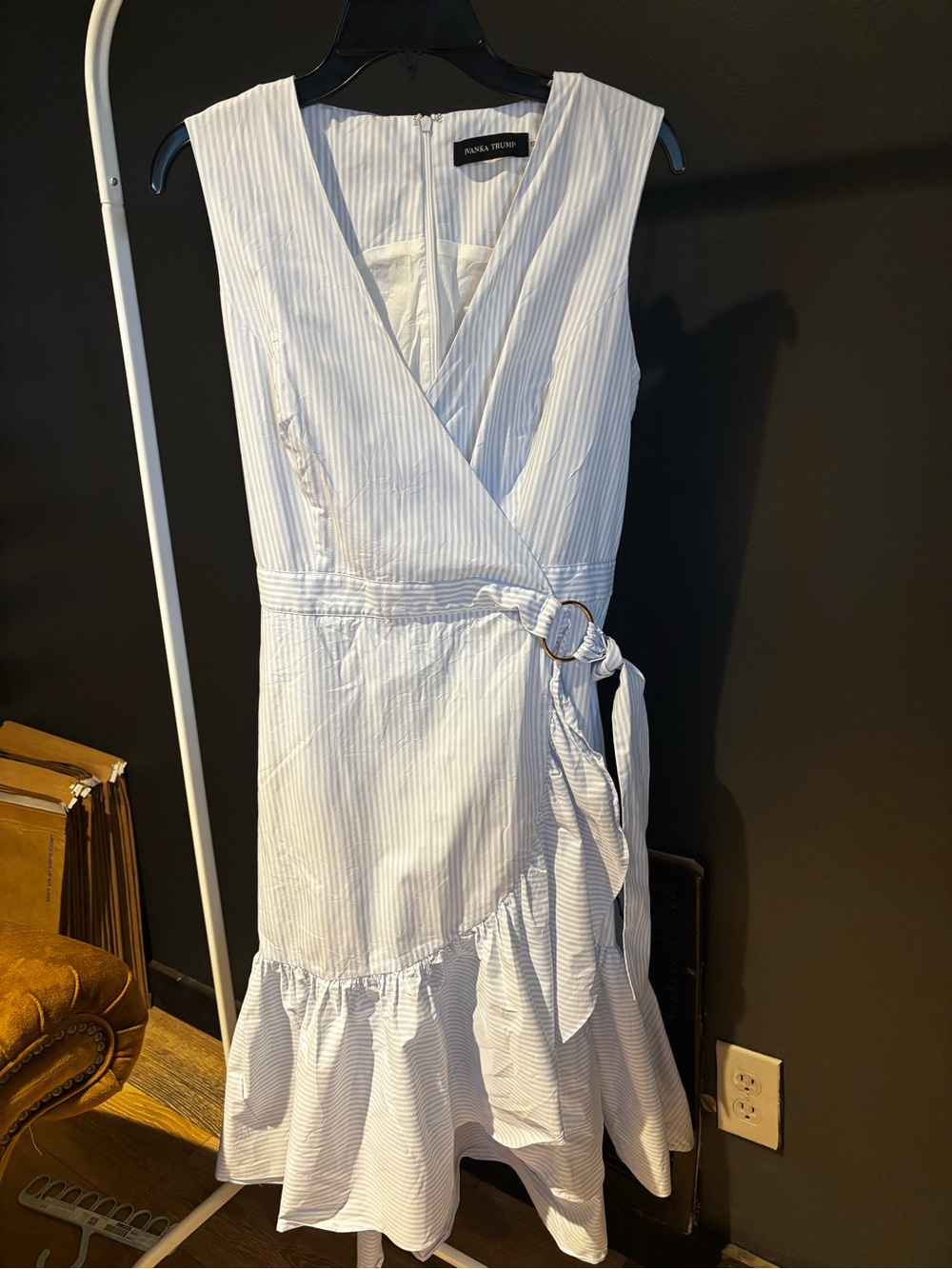 Ivanka Trump White and Light Blue Striped Wrap Midi Dress